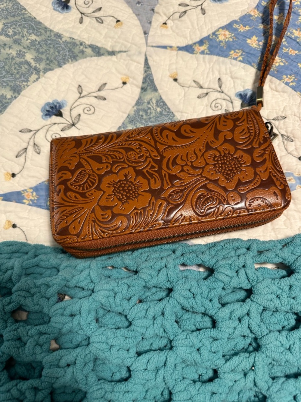 Embossed Floral Leather Wristlet Wallet - Brown